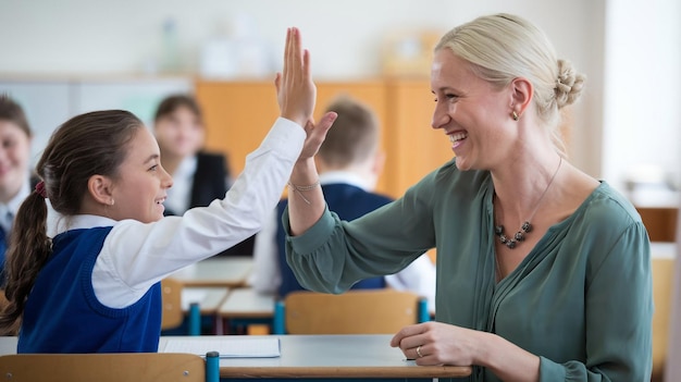 a teacher and a student high five high in a classroom