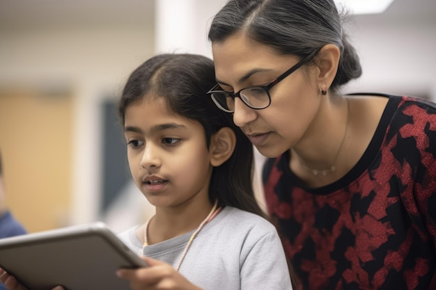 A teacher and a student look at a tablet