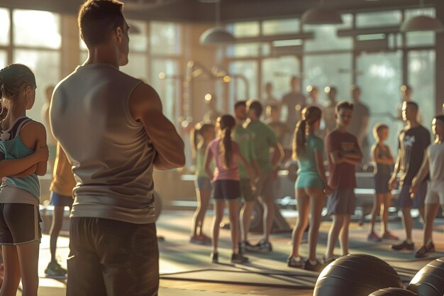 Teacher and students in gym class