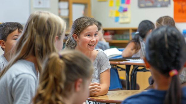 Photo a teacher and students participating in an interactive dialogue in a classroom setting emphasizing educational exchange