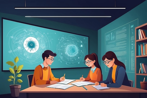 a teacher and students studying extremophiles and their potential applications vector illustration in flat style