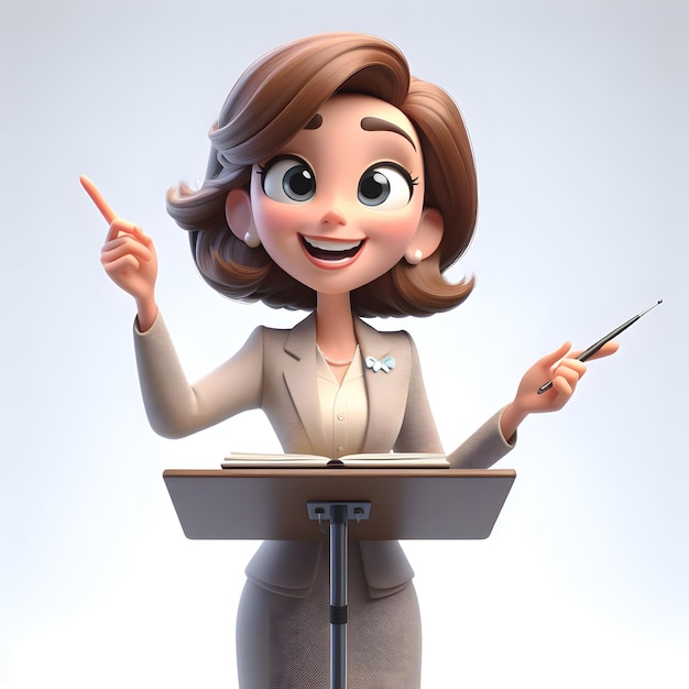 a teacher in a suit is standing at a podium with a microphone in her hand