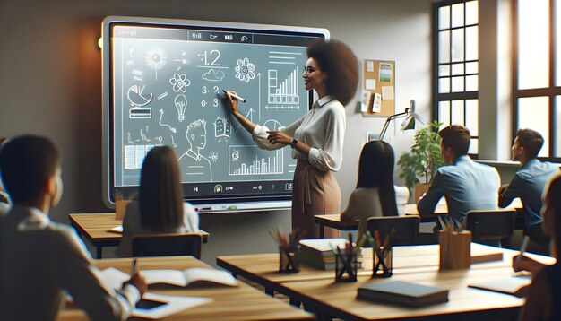 Photo teacher using interactive whiteboard in modern classroom stock photo