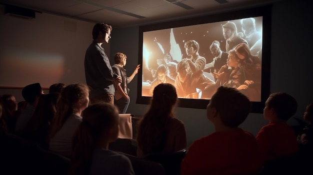 A teacher using a projector to show a video to a group of students, education stock images