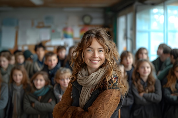 Teacher with a big smile posing in the classroom with her students