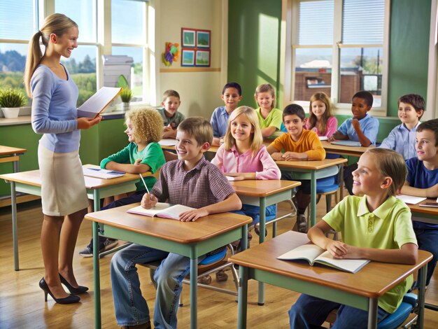 a teacher with a group of children in a classroom with a teacher standing behind her