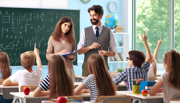 Photo a teacher with a group of children in front of a chalkboard with a globe on it