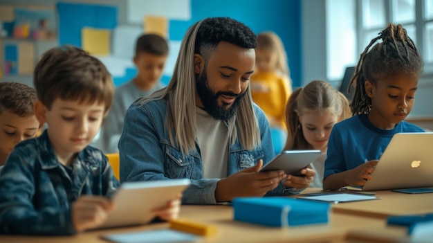 Photo a teacher with a group of children using electronic devices