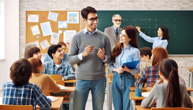 Photo a teacher with a group of students in front of a bulletin board