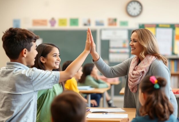 a teacher with a group of students giving high fives