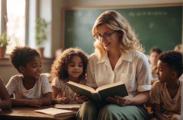 a teacher with her children reading a book