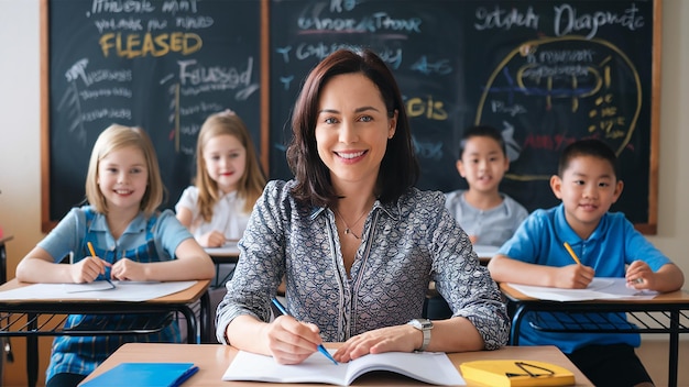 a teacher with her students in a classroom with the word the word on the blackboard