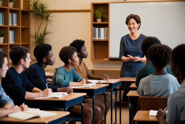 a teacher with a teacher in a classroom with students in the background