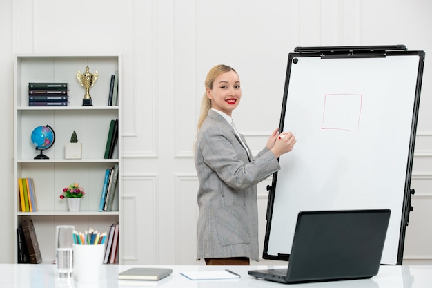 Teacher young cute instructor in suit in classrom with laptop and whiteboard drawing square