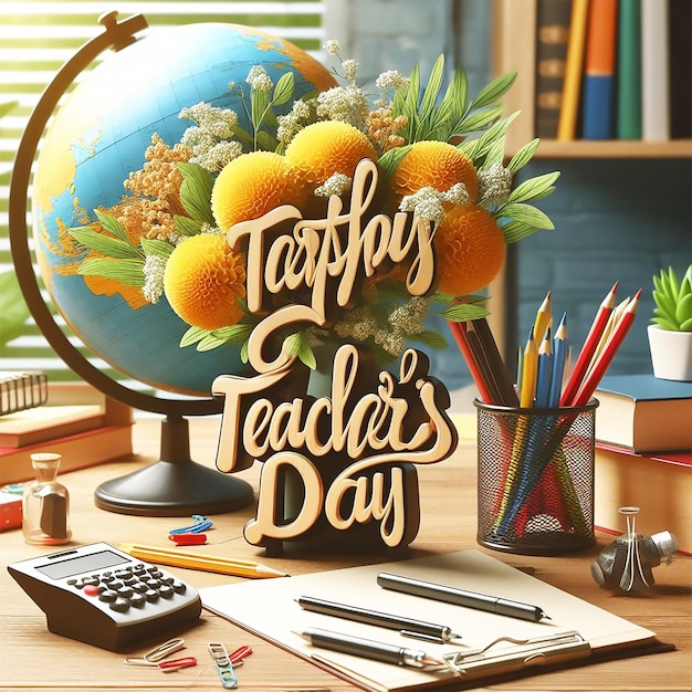 Teachers day desk with books pencil holder and a globe