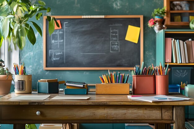 Photo teachers desk with educational materials and cozy classroom setting