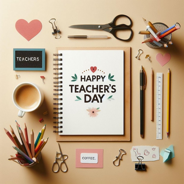 Photo teachers desk with stationary and happy teachers day greeting card