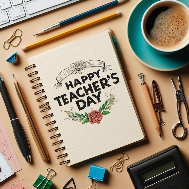 Teachers desk with stationary and Happy Teachers Day greeting card