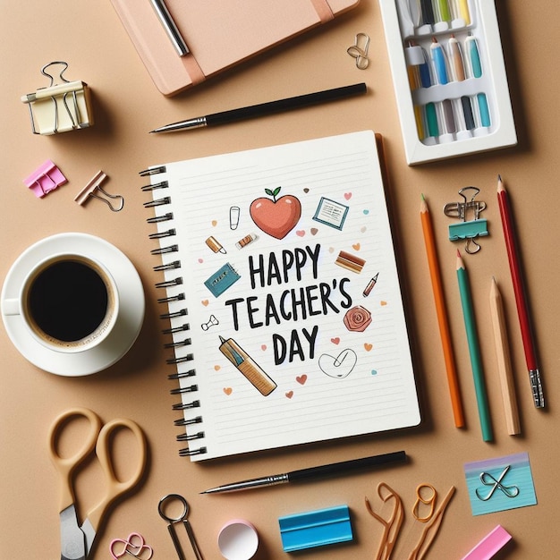 Teachers desk with stationary and Happy Teachers Day greeting card