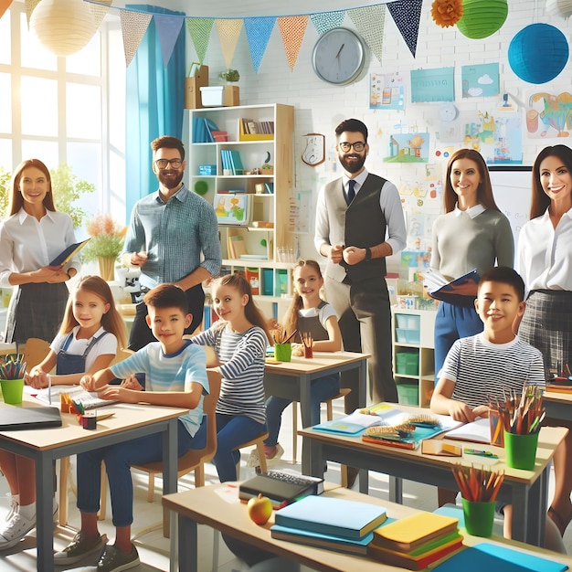 Teachers and Students Celebrating World Labor Day in Classroom