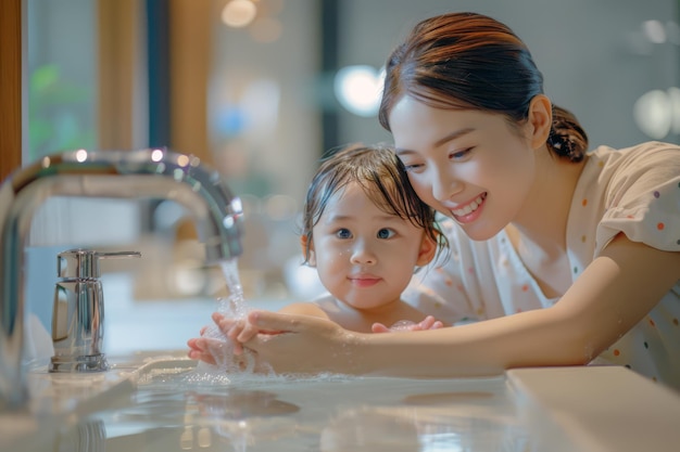 Teaching Kids Cleanliness Young Girl Washes Hands