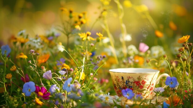 A teacup nestled among vibrant wildflowers creating a picturesque countryside scene