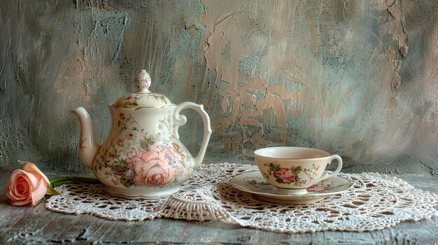 Photo a teacup and saucer are on a doily