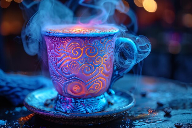 a teacup with a blue and pink design on it sits on a table