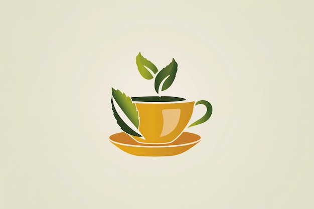 a teacup with green leaves on it and a plant growing out of it