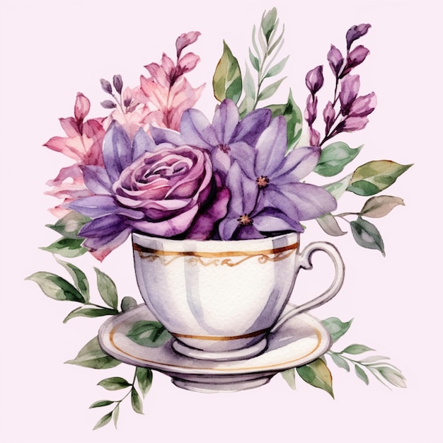 A teacup with purple and pink flowers and a purple flower in the middle.