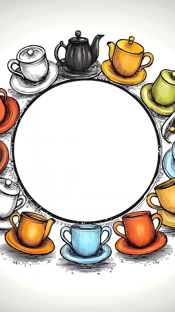 Photo teacups and teapots circle frame