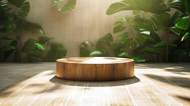 Teak wooden round smooth beautiful grain podium table Generative AI