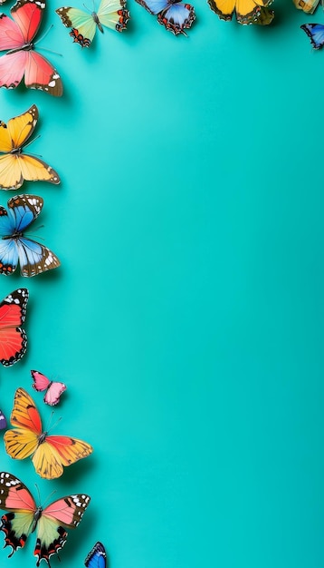 Photo teal background with colorful butterflies on left side