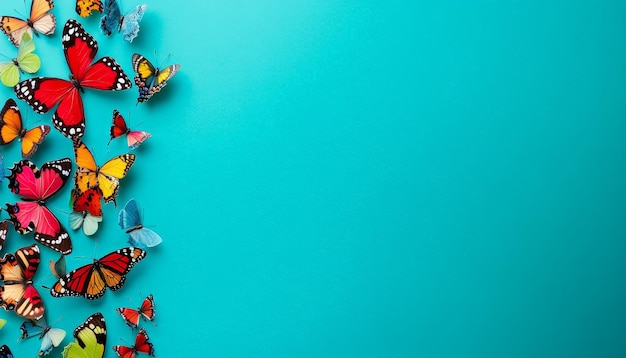 Photo teal background with colorful butterflies on left side