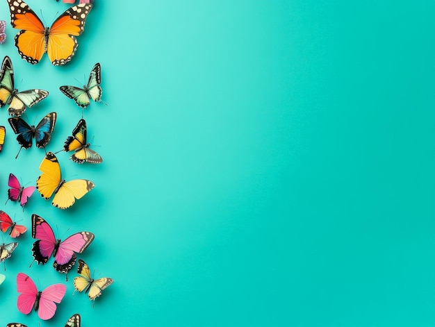 Teal Background with Colorful Butterflies on Left Side