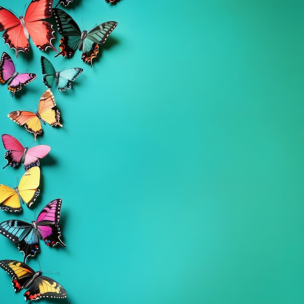 Teal Background with Colorful Butterflies on Left Side