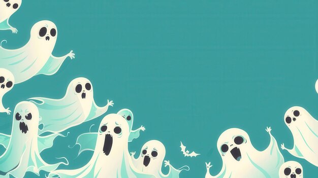 Photo a teal background with a group of cartoon ghosts in the corner perfect for halloween themed designs