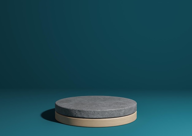 Teal blue 3D simple product display natural minimal background concrete wood cylinder podium stand