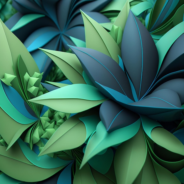 Teal and blue flowers with green stems and leaves