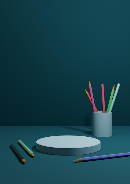 Teal blue Illustration back to school product display podium stand side pencils on table photography