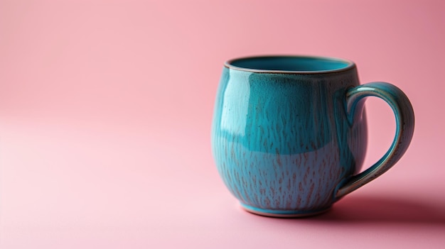 Teal blue mug against a soft pink background