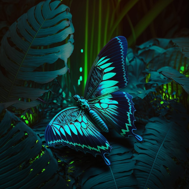 Teal blue neon butterfly on tropical leaves and flowers on dark flloral background