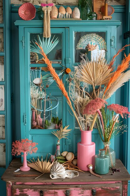 Teal Cabinet Decorated With Dried Flowers And Shells