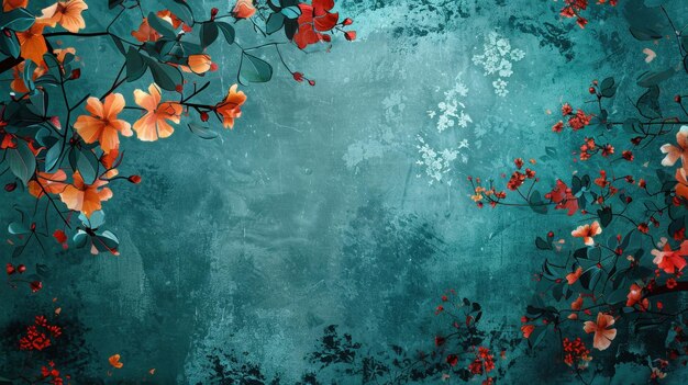 Teal Cinematic Elegance Digital Art with Floral Patterns and Bold Colors Vignette Effect in Rule of Thirds Composition