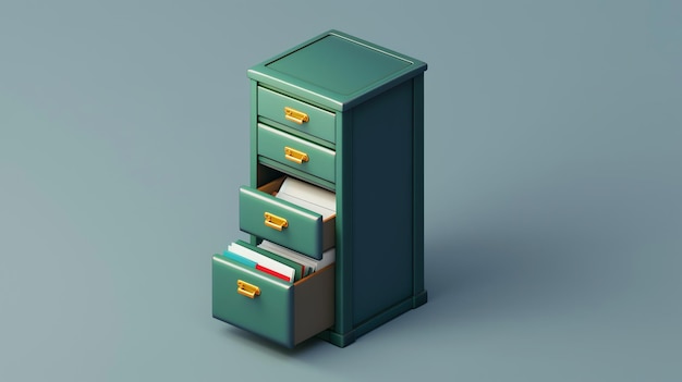 A teal file cabinet with gold accents The bottom drawer is open and papers are visible inside