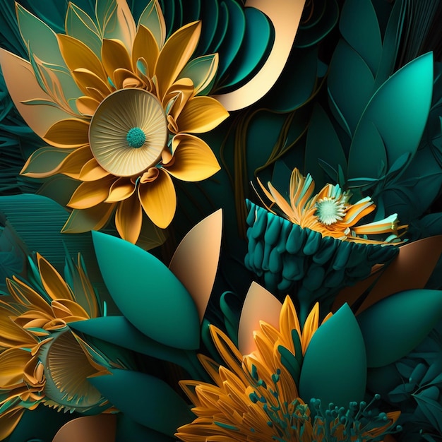 Teal and goldenfantasy flower Illustration for prints wall art cover and invitation