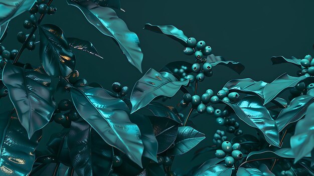 Photo teal leaves and berries with a deep green background