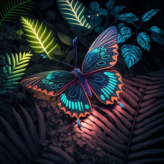 Teal neon butterfly on tropical leaves and flowers on dark flloral background