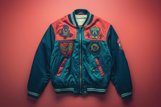 Photo teal and red embroidered bomber jacket hanging on a red wall