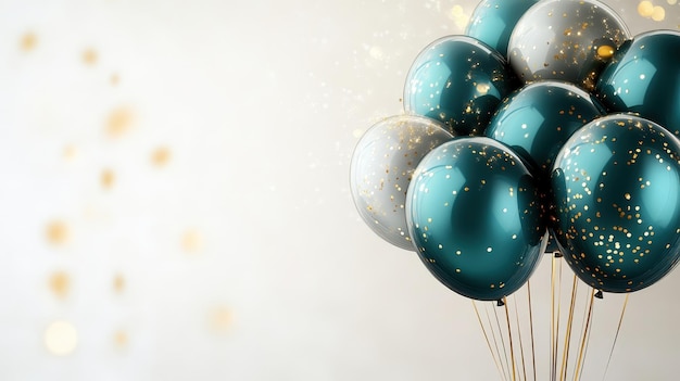 Teal and Silver Balloons with Gold Confetti